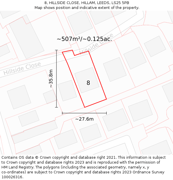 8, HILLSIDE CLOSE, HILLAM, LEEDS, LS25 5PB: Plot and title map
