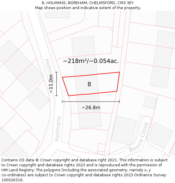 8, HOLMANS, BOREHAM, CHELMSFORD, CM3 3EY: Plot and title map