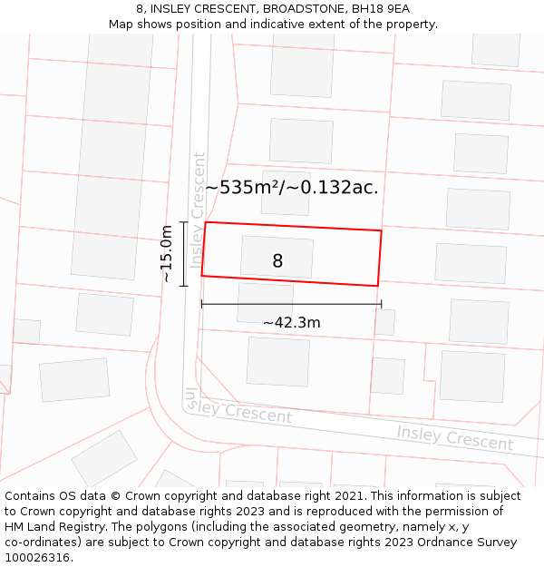 8, INSLEY CRESCENT, BROADSTONE, BH18 9EA: Plot and title map
