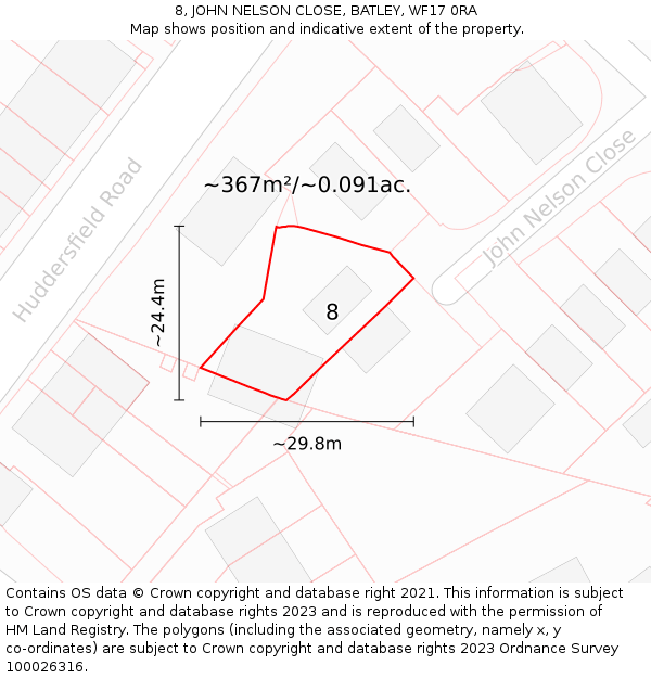 8, JOHN NELSON CLOSE, BATLEY, WF17 0RA: Plot and title map