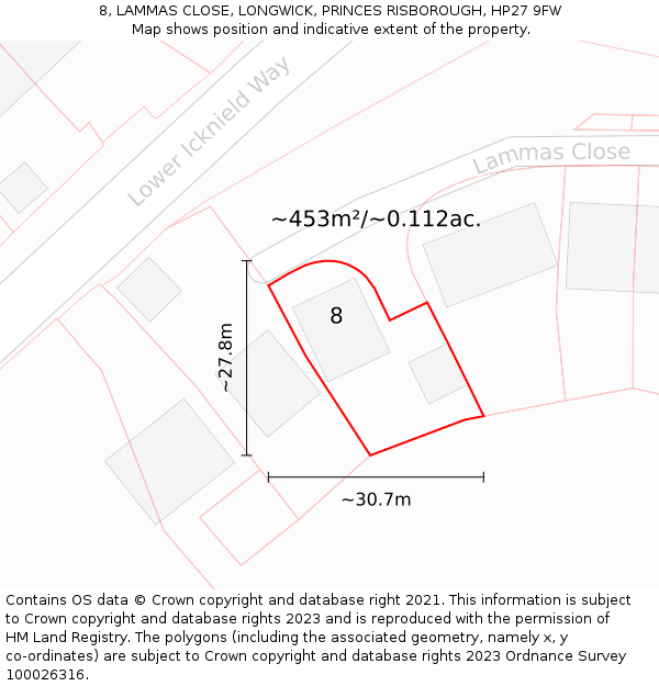 8, LAMMAS CLOSE, LONGWICK, PRINCES RISBOROUGH, HP27 9FW: Plot and title map
