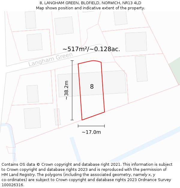 8, LANGHAM GREEN, BLOFIELD, NORWICH, NR13 4LD: Plot and title map