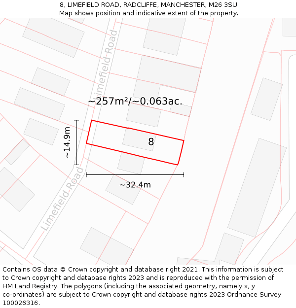 8, LIMEFIELD ROAD, RADCLIFFE, MANCHESTER, M26 3SU: Plot and title map