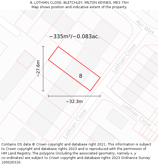8, LOTHIAN CLOSE, BLETCHLEY, MILTON KEYNES, MK3 7SH: Plot and title map