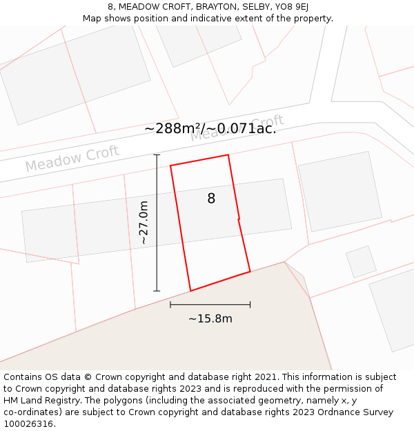 8, MEADOW CROFT, BRAYTON, SELBY, YO8 9EJ: Plot and title map