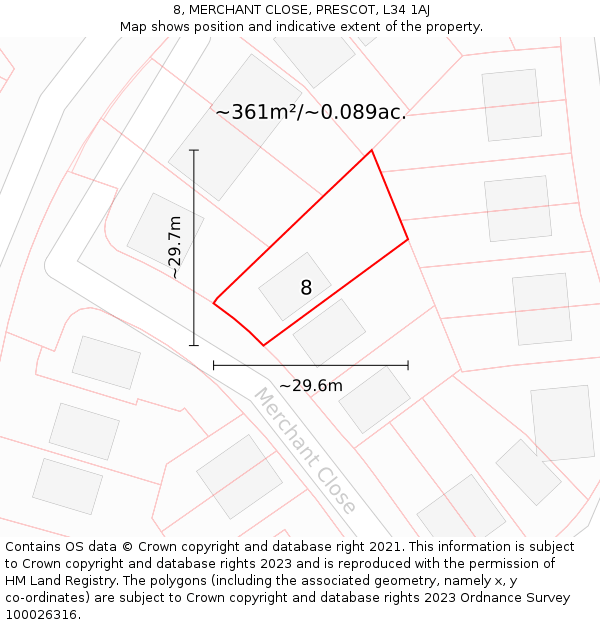 8, MERCHANT CLOSE, PRESCOT, L34 1AJ: Plot and title map