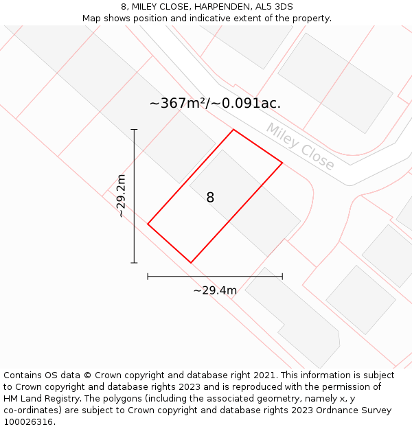 8, MILEY CLOSE, HARPENDEN, AL5 3DS: Plot and title map