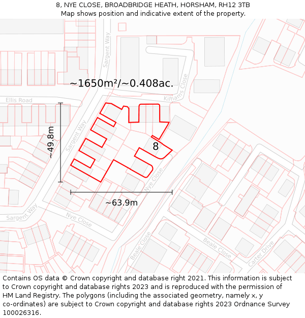 8, NYE CLOSE, BROADBRIDGE HEATH, HORSHAM, RH12 3TB: Plot and title map