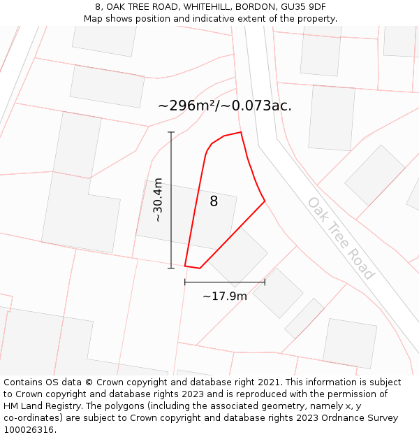 8, OAK TREE ROAD, WHITEHILL, BORDON, GU35 9DF: Plot and title map