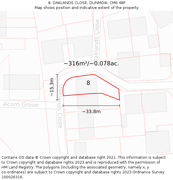 8, OAKLANDS CLOSE, DUNMOW, CM6 4BF: Plot and title map