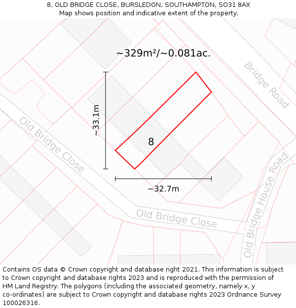 8, OLD BRIDGE CLOSE, BURSLEDON, SOUTHAMPTON, SO31 8AX: Plot and title map