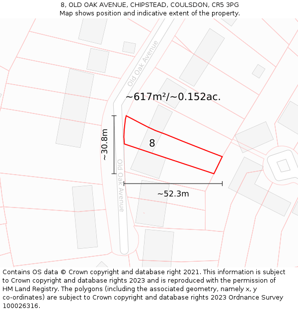 8, OLD OAK AVENUE, CHIPSTEAD, COULSDON, CR5 3PG: Plot and title map