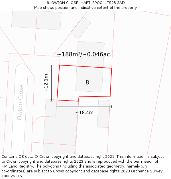 8, OWTON CLOSE, HARTLEPOOL, TS25 3AD: Plot and title map
