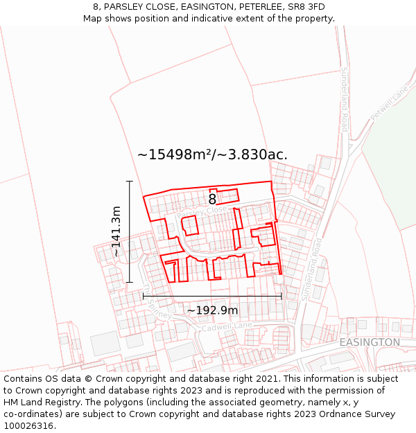 8, PARSLEY CLOSE, EASINGTON, PETERLEE, SR8 3FD: Plot and title map