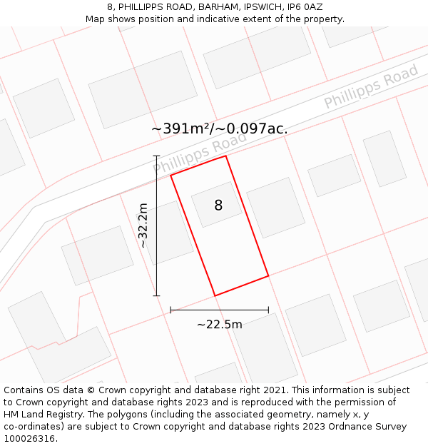8, PHILLIPPS ROAD, BARHAM, IPSWICH, IP6 0AZ: Plot and title map