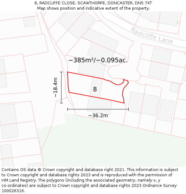 8, RADCLIFFE CLOSE, SCAWTHORPE, DONCASTER, DN5 7XT: Plot and title map