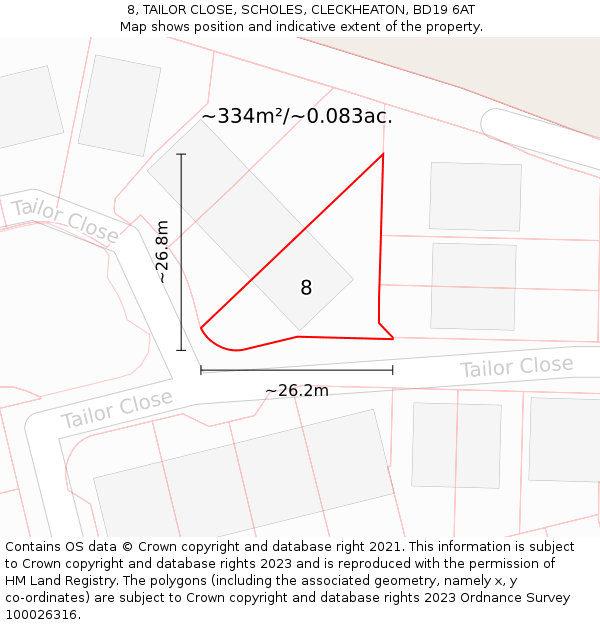 8, TAILOR CLOSE, SCHOLES, CLECKHEATON, BD19 6AT: Plot and title map