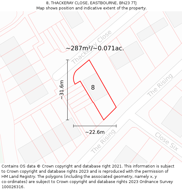 8, THACKERAY CLOSE, EASTBOURNE, BN23 7TJ: Plot and title map