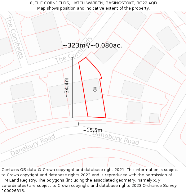 8, THE CORNFIELDS, HATCH WARREN, BASINGSTOKE, RG22 4QB: Plot and title map