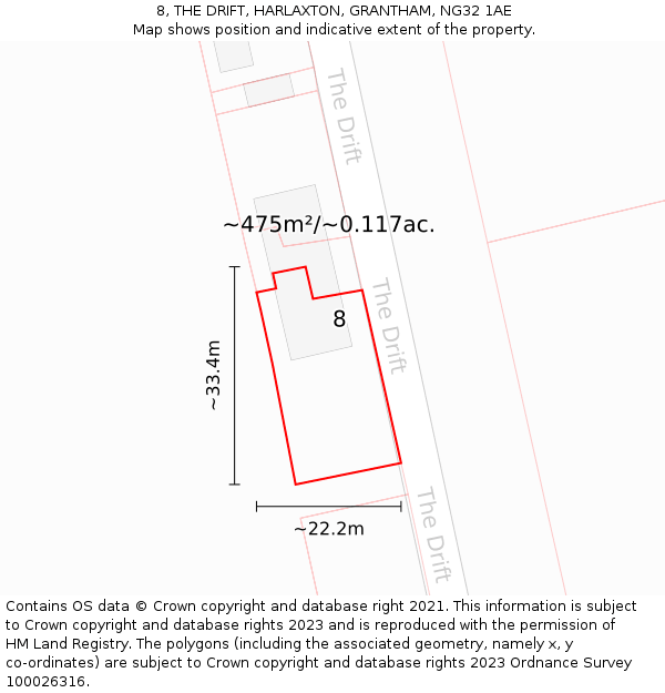 8, THE DRIFT, HARLAXTON, GRANTHAM, NG32 1AE: Plot and title map