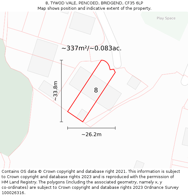 8, TYWOD VALE, PENCOED, BRIDGEND, CF35 6LP: Plot and title map