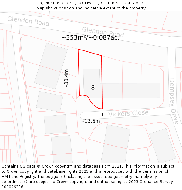 8, VICKERS CLOSE, ROTHWELL, KETTERING, NN14 6LB: Plot and title map