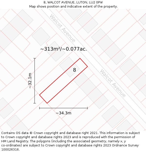 8, WALCOT AVENUE, LUTON, LU2 0PW: Plot and title map
