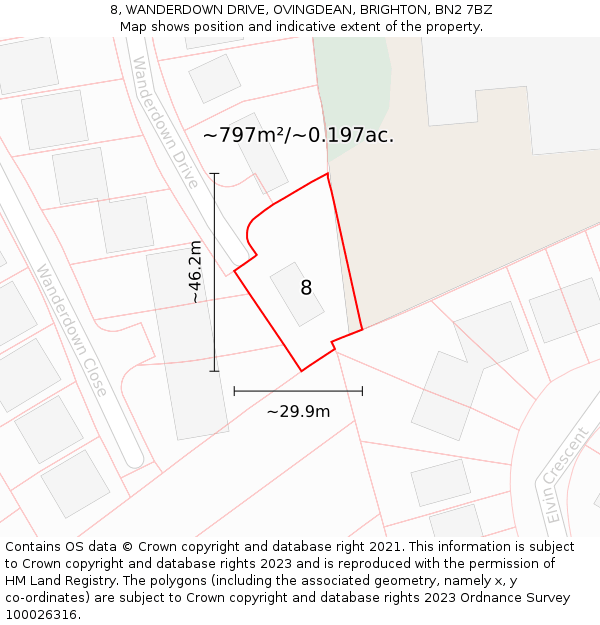 8, WANDERDOWN DRIVE, OVINGDEAN, BRIGHTON, BN2 7BZ: Plot and title map
