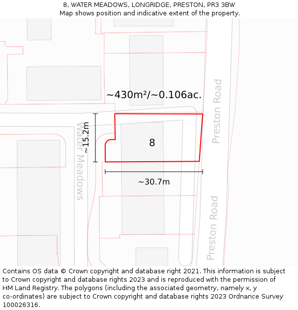 8, WATER MEADOWS, LONGRIDGE, PRESTON, PR3 3BW: Plot and title map