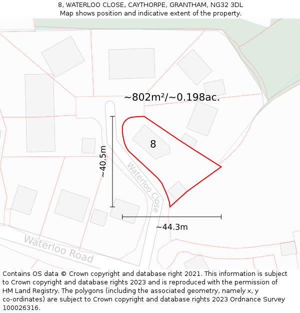 8, WATERLOO CLOSE, CAYTHORPE, GRANTHAM, NG32 3DL: Plot and title map