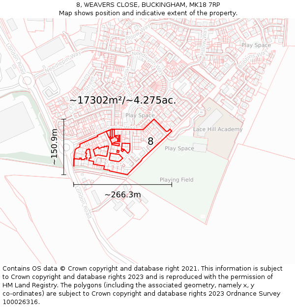 8, WEAVERS CLOSE, BUCKINGHAM, MK18 7RP: Plot and title map