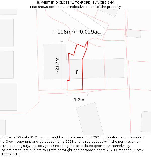 8, WEST END CLOSE, WITCHFORD, ELY, CB6 2HA: Plot and title map