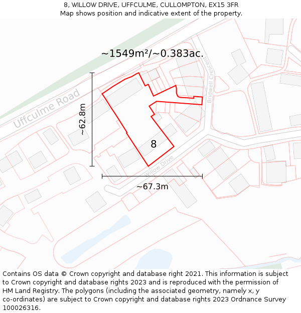 8, WILLOW DRIVE, UFFCULME, CULLOMPTON, EX15 3FR: Plot and title map
