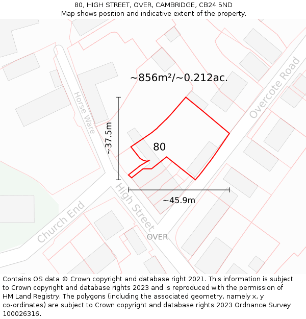 80, HIGH STREET, OVER, CAMBRIDGE, CB24 5ND: Plot and title map