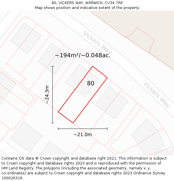 80, VICKERS WAY, WARWICK, CV34 7AP: Plot and title map