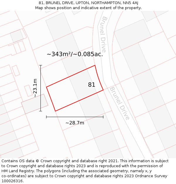 81, BRUNEL DRIVE, UPTON, NORTHAMPTON, NN5 4AJ: Plot and title map