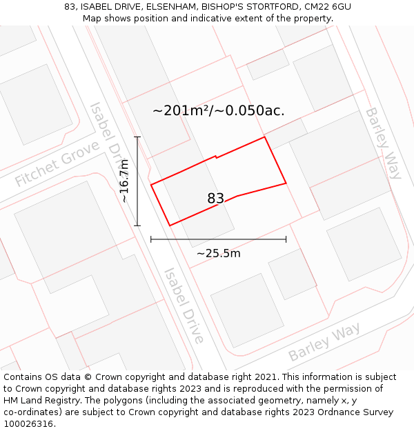 83, ISABEL DRIVE, ELSENHAM, BISHOP'S STORTFORD, CM22 6GU: Plot and title map