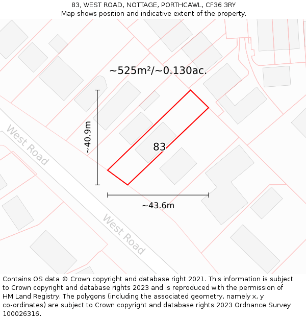 83, WEST ROAD, NOTTAGE, PORTHCAWL, CF36 3RY: Plot and title map