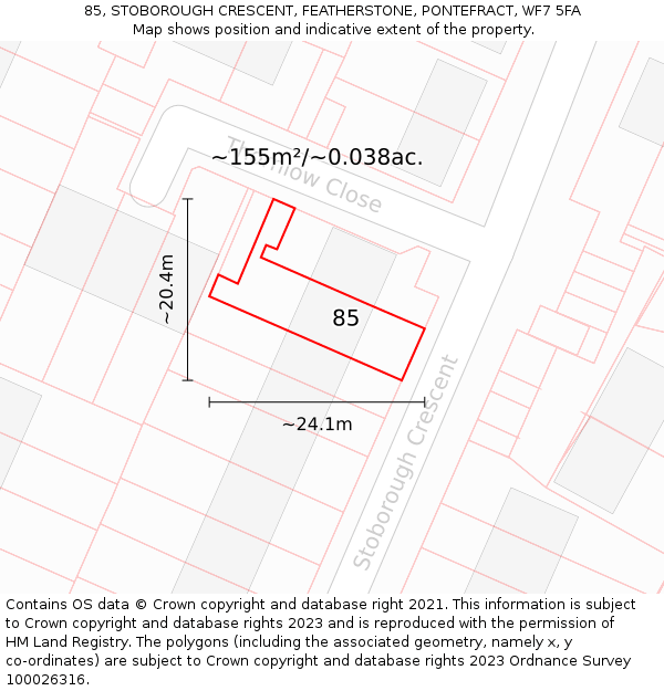 85, STOBOROUGH CRESCENT, FEATHERSTONE, PONTEFRACT, WF7 5FA: Plot and title map