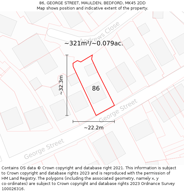 86, GEORGE STREET, MAULDEN, BEDFORD, MK45 2DD: Plot and title map