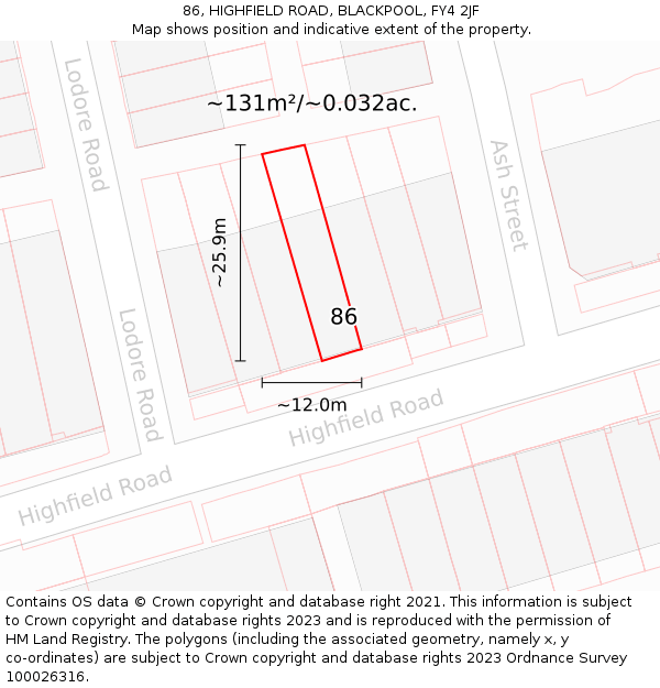86, HIGHFIELD ROAD, BLACKPOOL, FY4 2JF: Plot and title map