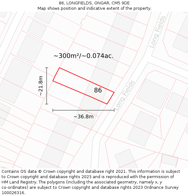 86, LONGFIELDS, ONGAR, CM5 9DE: Plot and title map