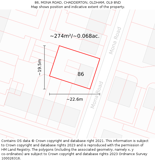 86, MONA ROAD, CHADDERTON, OLDHAM, OL9 8ND: Plot and title map