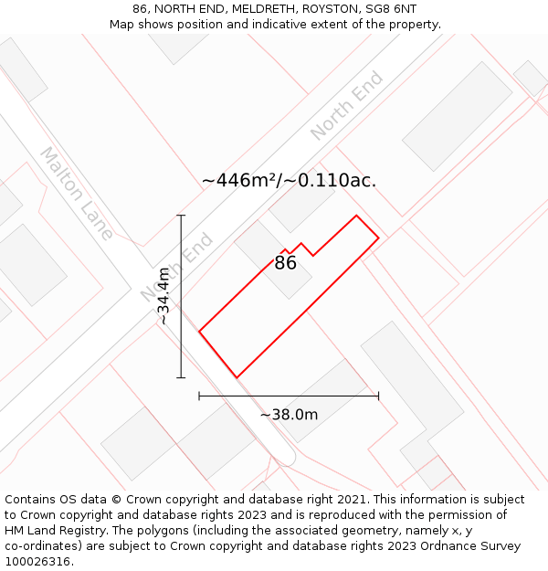 86, NORTH END, MELDRETH, ROYSTON, SG8 6NT: Plot and title map