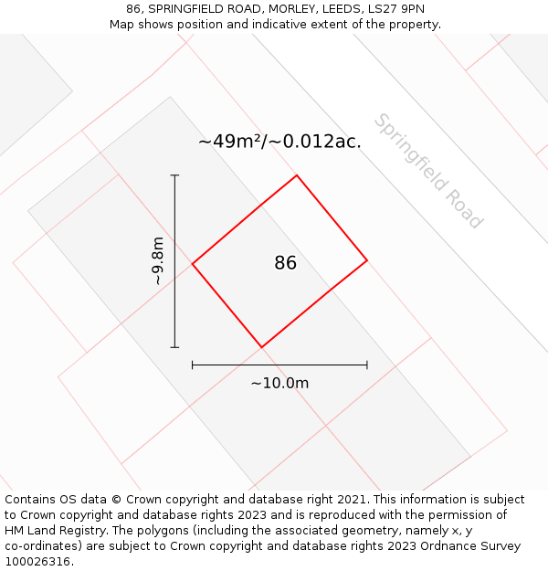 86, SPRINGFIELD ROAD, MORLEY, LEEDS, LS27 9PN: Plot and title map