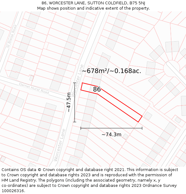 86, WORCESTER LANE, SUTTON COLDFIELD, B75 5NJ: Plot and title map