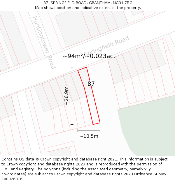 87, SPRINGFIELD ROAD, GRANTHAM, NG31 7BG: Plot and title map