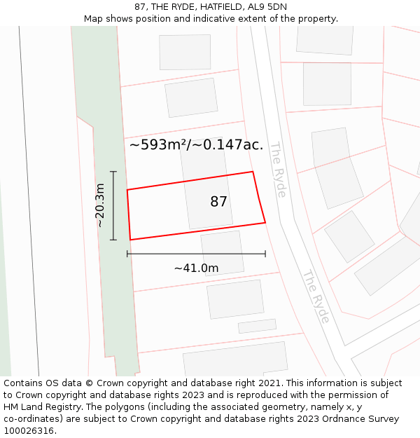 87, THE RYDE, HATFIELD, AL9 5DN: Plot and title map