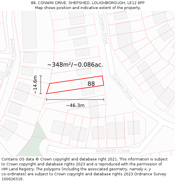 88, CONWAY DRIVE, SHEPSHED, LOUGHBOROUGH, LE12 9PP: Plot and title map