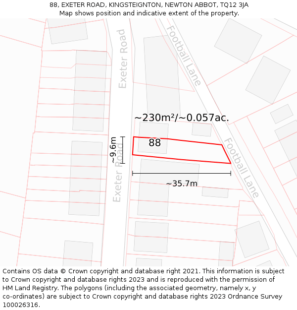 88, EXETER ROAD, KINGSTEIGNTON, NEWTON ABBOT, TQ12 3JA: Plot and title map